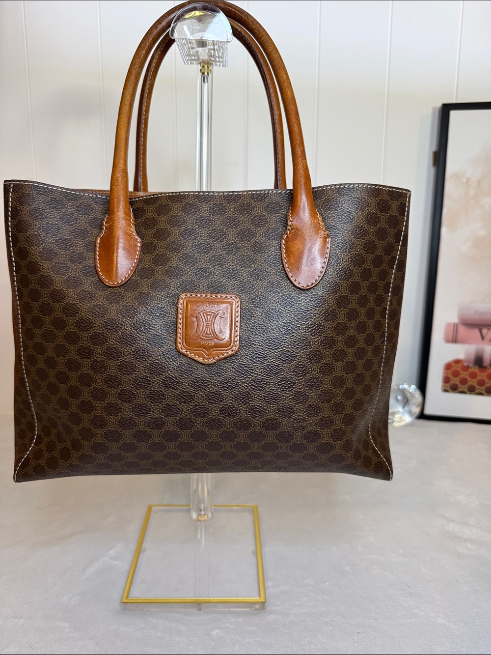 Vintage Celine Macadam Tote Bag Brown Coated Canvas Leather Italy Large Shopper